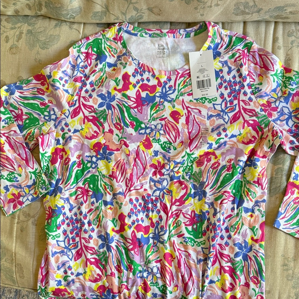 Kim Rogers White Multicolor Floral 3/4 Sleeve Crew